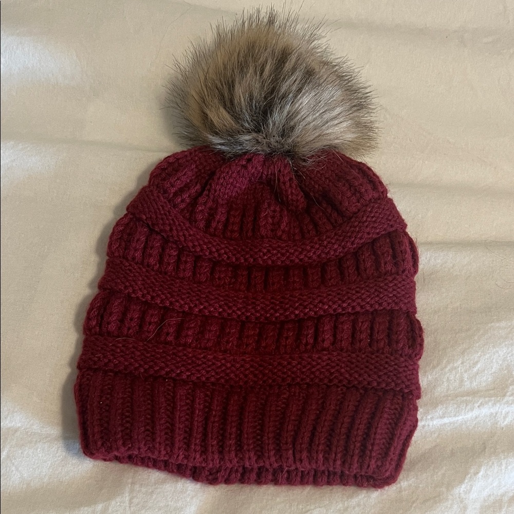 Burgundy Knit Beanie with Faux Fur Pom